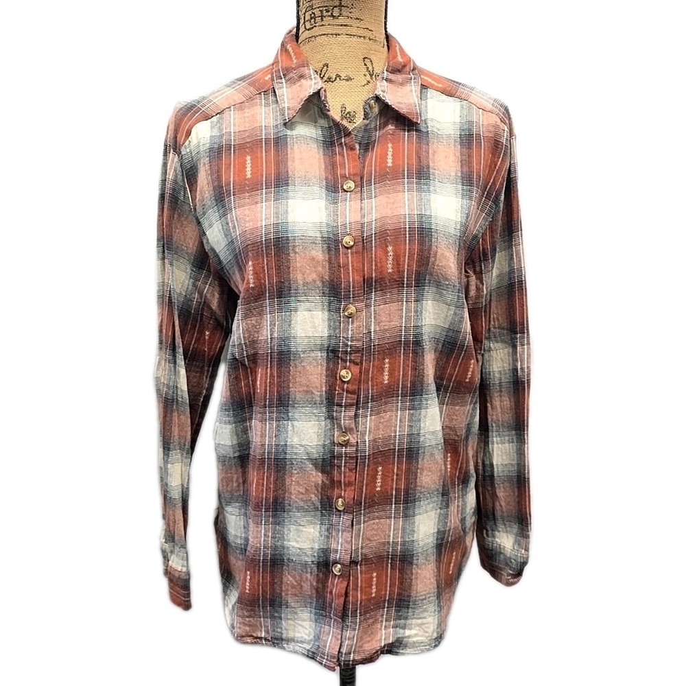 Jane + Delancey Button Down Women M Orange Plaid Embroidered Cotton Shirt